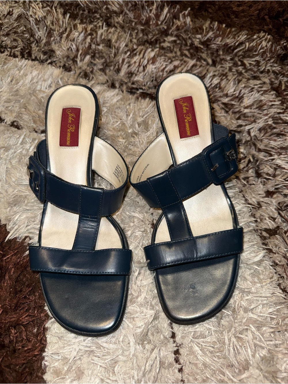 John Fluevog Navy Leather Slide Heels with Buckle Strap